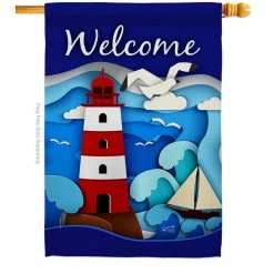 Angeleno Heritage MADE AND DESIGNED LOS ANGELES CALIFORNIA 28 in. x 40 in. Welcome Red Lighthouse Coastal House Flag Double-Sided Decorative Vertical Flags