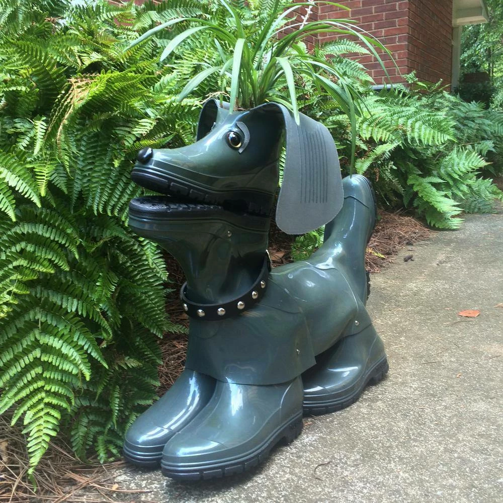 HOMESTYLES 20 in. Sophie the Boot Buddies Dog Sculpture and Planter Home and Garden Loyal Companion Statue Olive Gloss - Image 3