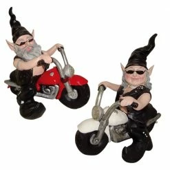 HOMESTYLES 12 in. H Biker Dude and Babe the Biker Gnomes in Leather Motorcycle Gear Riding Red and White Bikes