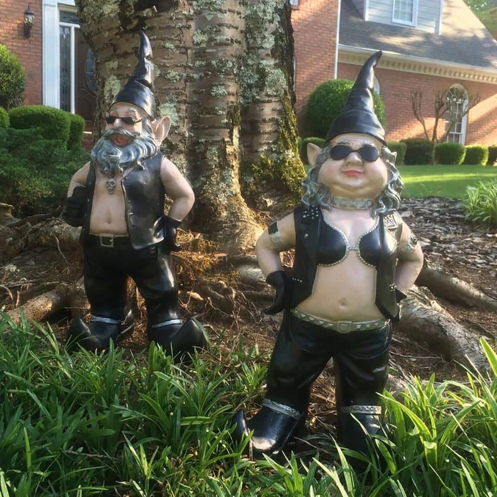 HOMESTYLES 20 in. H Biker Dude and Babe Biker Gnomes in Leather Motorcycle Riding Gear Home and Garden Gnome Statue - Image 5