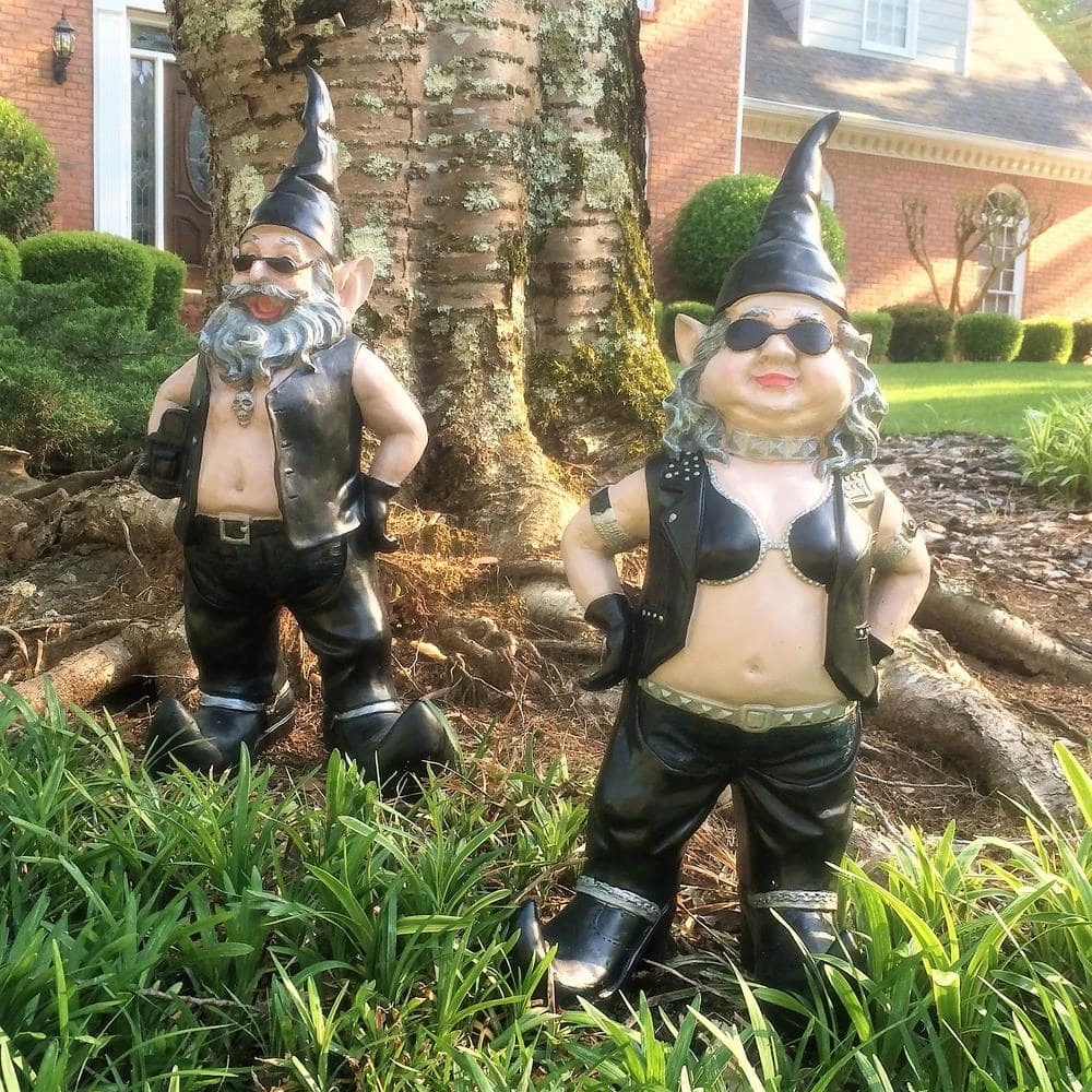 HOMESTYLES 20 in. H Biker Dude and Babe Biker Gnomes in Leather Motorcycle Riding Gear Home and Garden Gnome Statue - Image 2