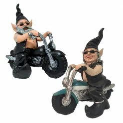 HOMESTYLES 12 in. H Biker Dude and Babe Gnomes in Leather Motorcycle Gear Riding Black and Teal Hogs Home and Garden Statue