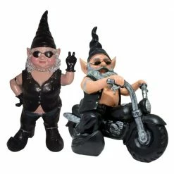 HOMESTYLES 14.5 in. H Peace Sign Babe and Dude Biker Gnome Riding His 12 in. H Black Bike in Leather Motorcycle Gear Garden Statue