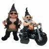 HOMESTYLES 14.5 in. H Biker Babe and Dude the Gnome Riding His 12 in. H Black Bike in Leather Motorcycle Gear Garden Statue