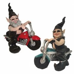 HOMESTYLES 12 in. H Biker Dude & Babe The Biker Gnomes in Leather Motorcycle Gear Riding Red & Teal Hogs Home & Garden Gnome Statue