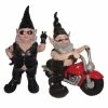 HOMESTYLES 14.5 in. H Peace Sign Biker Babe and Dude Gnome Riding His 12 in. H Red Bike in Leather Motorcycle Gear Garden Statue