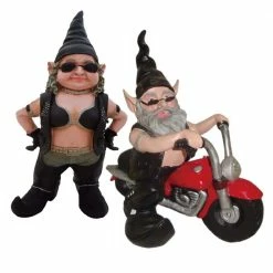HOMESTYLES 14.5 in. H Biker Babe and Dude the Gnome Riding His 12 in. H Red Bike in Leather Motorcycle Gear Garden Statue