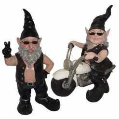 HOMESTYLES 14.5 in. H Peace Sign Biker Dude and Babe Gnome Riding Her White Motorcycle Garden Statue