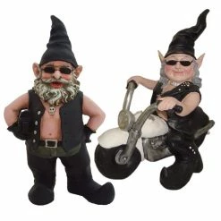 HOMESTYLES 14.5 in. H Biker Dude and Babe Gnome Riding Her 12 in. H White Bike in Leather Motorcycle Gear Garden Statue