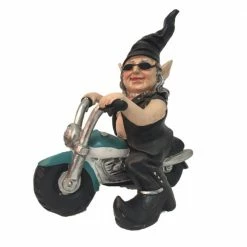 HOMESTYLES 12 in. H Biker Babe the Biker Gnome in Leather Motorcycle Gear Riding Her TEAL Bike Home and Garden Gnome Statue