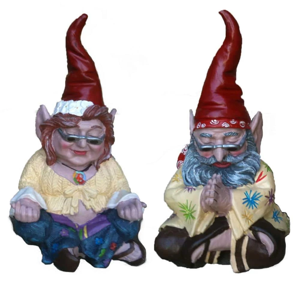 HOMESTYLES 10 in. H 60's "Peace Man" and "Chick" Hippie ZEN Gnome Couple Home and Garden Gnome Statue