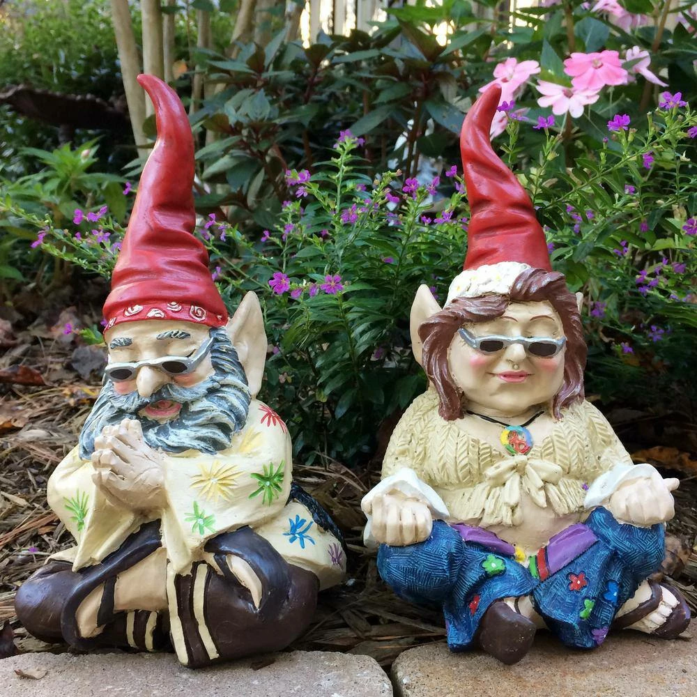 HOMESTYLES 10 in. H 60's "Peace Man" and "Chick" Hippie ZEN Gnome Couple Home and Garden Gnome Statue - Image 5