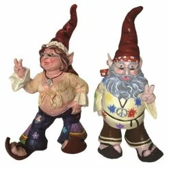 HOMESTYLES 14.5 in. H Jerry Peace Man and Janice Chick Flower Child Hippie Gnome Home and Garden Gnome Statue