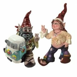HOMESTYLES 14.5 in. H Janice Chick Flower Child and Jerry Peace Man Hippie Gnome Riding in His VW Bus Home and Garden Gnome Statue