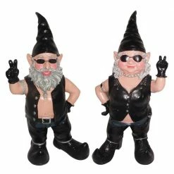 HOMESTYLES 14.5 in. H Peace Sign Biker Dude and Babe the Biker Gnome in Leather Motorcycle Riding Gear 2-Piece Set Statues