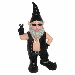 HOMESTYLES 14.5 in. H Peace Sign "Biker Dude" the Biker Gnome in Leather Motorcycle Riding Gear Statues