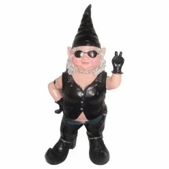 HOMESTYLES 14.5 in. H Peace Sign Biker Babe The Biker Gnome in Full Leather Motorcycle Riding Gear Home and Garden Gnome Statue
