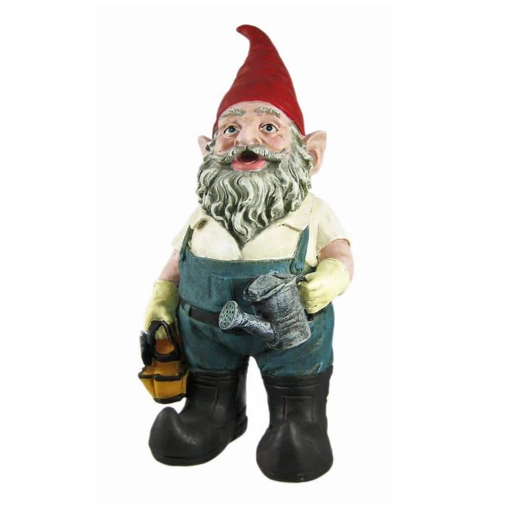 HOMESTYLES 8.5 in. H Gardener Gnome Holding a Watering Can and Garden Tool Bag Home and Garden Gnome Statue