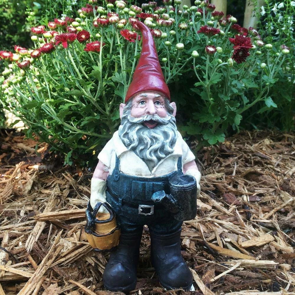 HOMESTYLES 8.5 in. H Gardener Gnome Holding a Watering Can and Garden Tool Bag Home and Garden Gnome Statue - Image 2