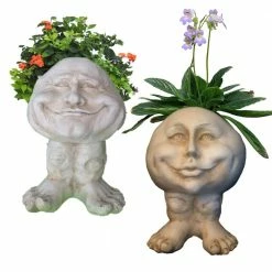 HOMESTYLES 12 in. Antique White Papa John and Mama Petunia the Muggly Face Statue Planter Holds 4 in. Pot (2-Pack)