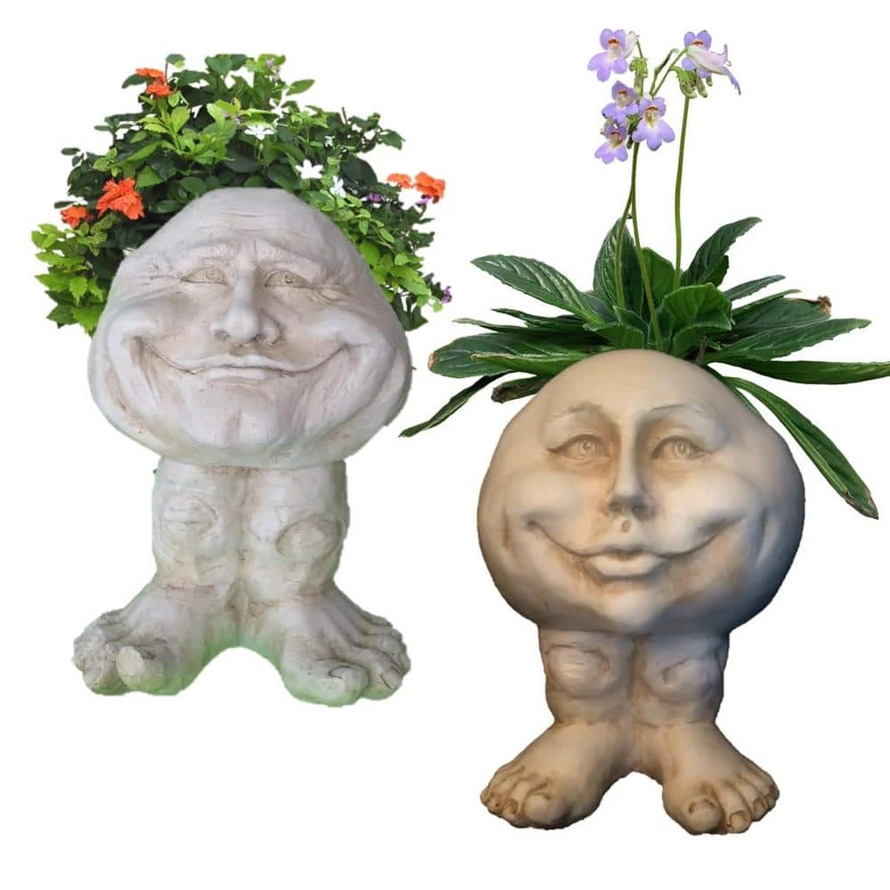 HOMESTYLES 12 in. Antique White Papa John and Mama Petunia the Muggly Face Statue Planter Holds 4 in. Pot (2-Pack)