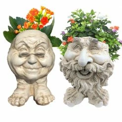 HOMESTYLES 12 in. Antique White Ole Salty and Grandma Violet the Muggly Face Statue Planter Holds 4 in. Pot (2-Pack)