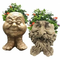 HOMESTYLES 12 in. Stone Wash Ole Salty and Grandma Violet the Muggly Face Statue Planter Holds 4 in. Pot (2-Pack)