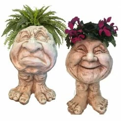HOMESTYLES Antique White Grumpy and Granny Joy the Muggly Face Statue Planter Holds 5 in. Pot (2-Pack)