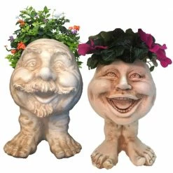 HOMESTYLES 12 in. Antique White Uncle Nate and Aunt Minnie the Muggly Face Statue Planter Holds 4 in. Pot (2-Pack)