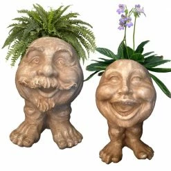 HOMESTYLES 12 in. Stone Wash Uncle Nate and Aunt Minnie the Muggly Face Statue Planter Holds 4 in. Pot (2-Pack)