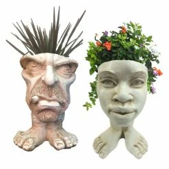 HOMESTYLES 13 in. Antique White Uncle Carmine and Auntie Kayla the Muggly Face Statue Planter Holds 5 in. Pot