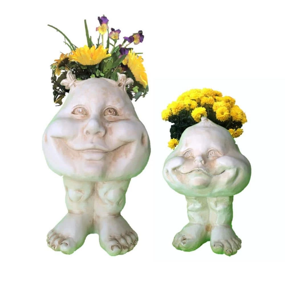 HOMESTYLES Antique White Sister Suzy Q and Baby the Muggly Face Statue Planter Pot (2-Pack)