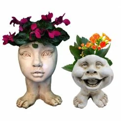 HOMESTYLES 12 in. Cous Sally and 8.5 in. Little Buddy the Muggly Face Statue Planter Pot