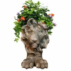 HOMESTYLES 18 in. Graystone Lion Muggly Mascot Animal Statue Planter Holds a 7 in. Pot