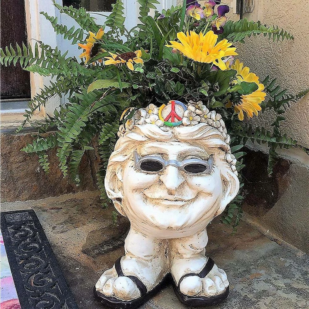 HOMESTYLES 13 in. H Hippie Chick Janice Antique White Muggly Face Planter in Groovy 1960's Attire Statue Holds 4 in. Pot - Image 3