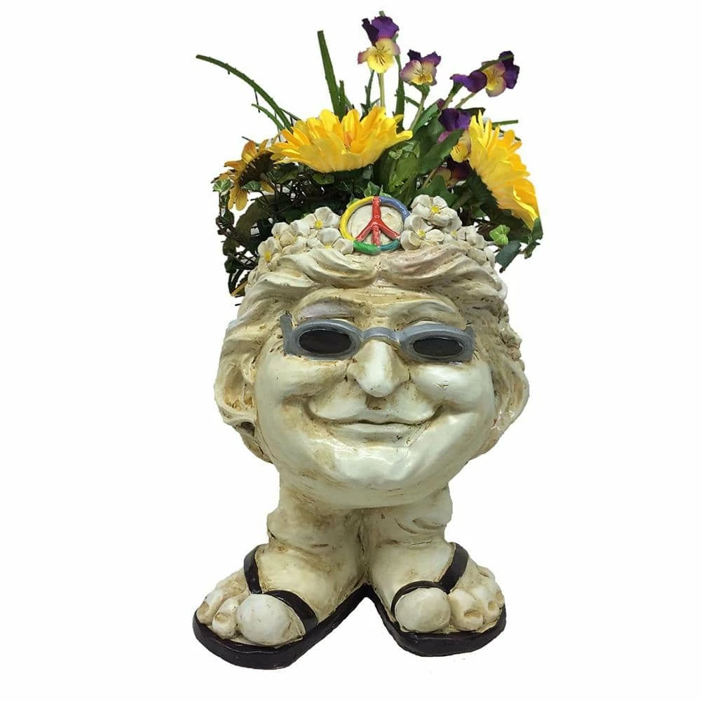 HOMESTYLES 13 in. H Hippie Chick Janice Antique White Muggly Face Planter in Groovy 1960's Attire Statue Holds 4 in. Pot