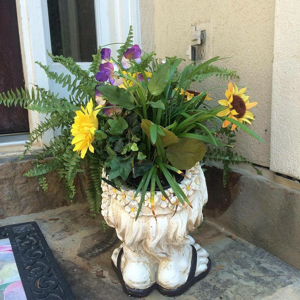 HOMESTYLES 13 in. H Hippie Chick Janice Antique White Muggly Face Planter in Groovy 1960's Attire Statue Holds 4 in. Pot - Image 4