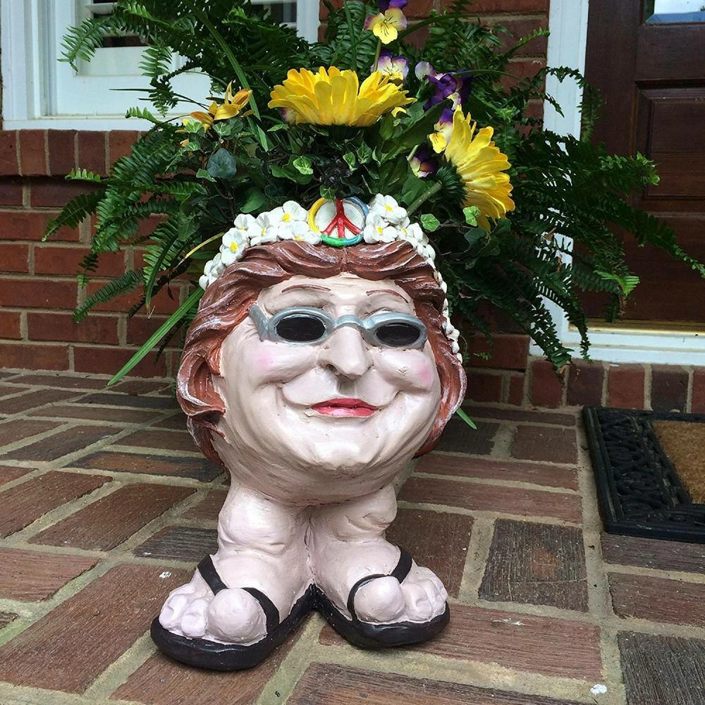 HOMESTYLES 13 in. H Hippie Chick Janice Painted Muggly Face Planter in Groovy 1960's Attire Statue Holds 4 in. Pot - Image 2