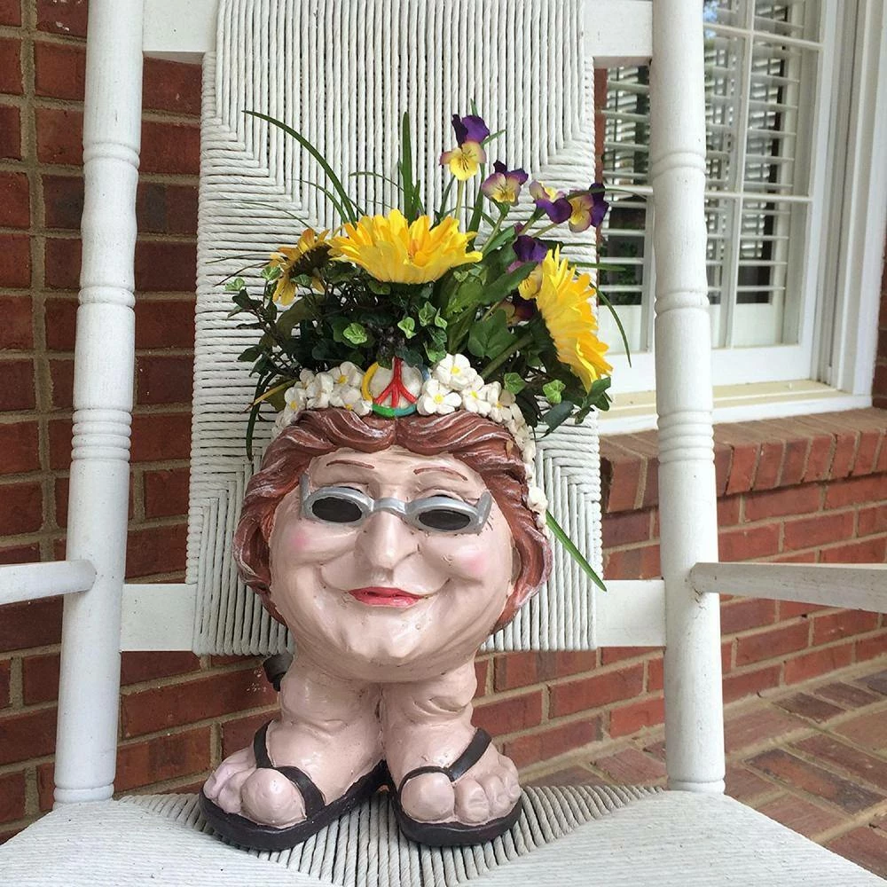 HOMESTYLES 13 in. H Hippie Chick Janice Painted Muggly Face Planter in Groovy 1960's Attire Statue Holds 4 in. Pot - Image 3