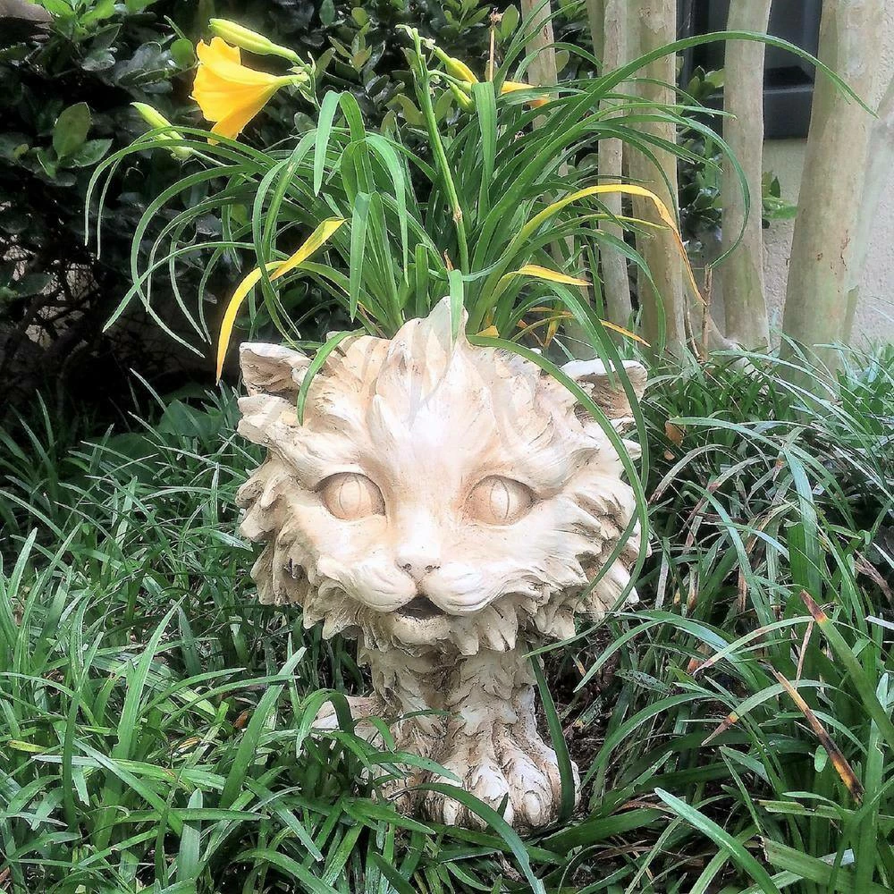 HOMESTYLES 12 in. Antique White Scruffy the House Cat Muggly Planter Statue Holds 4 in. Pot - Image 3