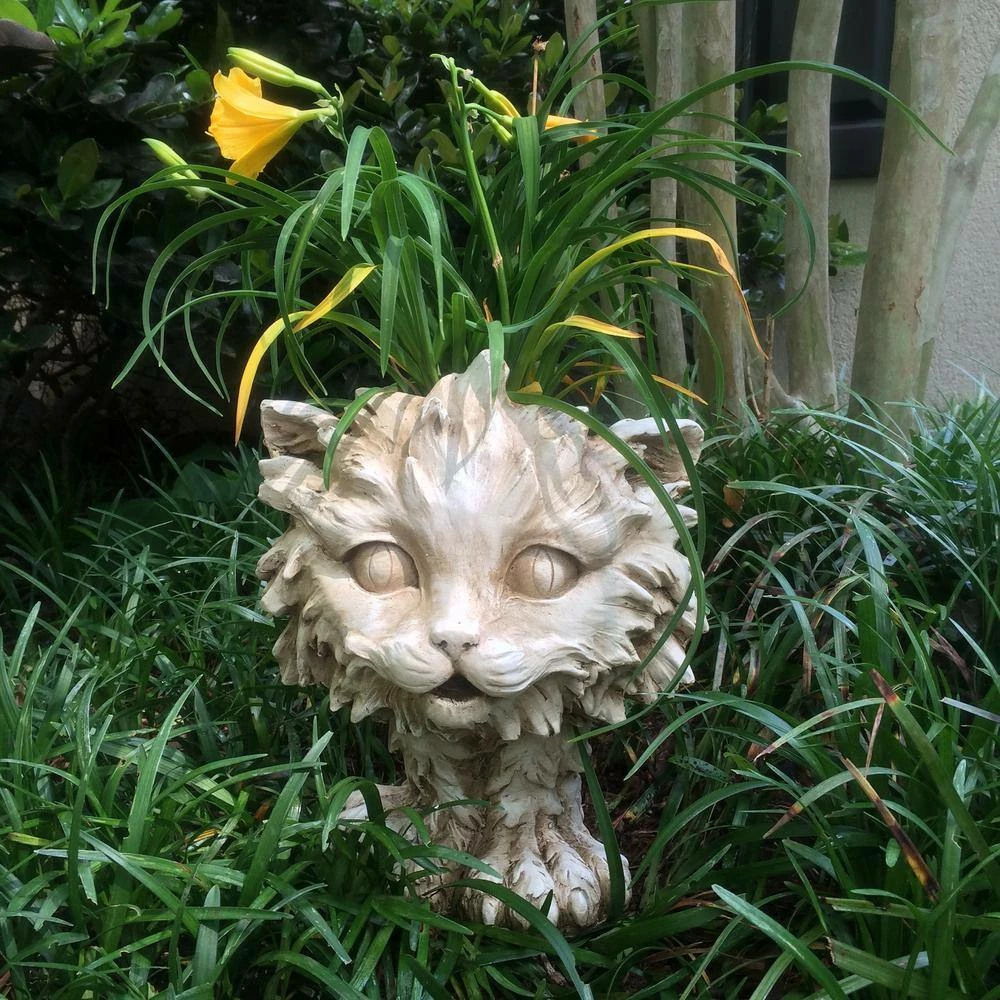 HOMESTYLES 12 in. Antique White Scruffy the House Cat Muggly Planter Statue Holds 4 in. Pot - Image 2