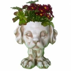 HOMESTYLES 12 in. Antique White Muttley the Dog Muggly Planter Statue Holds 4 in. Pot