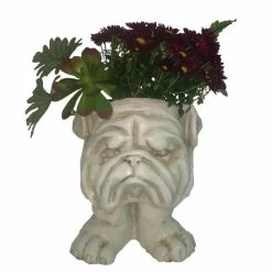 HOMESTYLES 13 in. Antique White Bulldog Muggly Planter Statue Holds 4 in. Pot