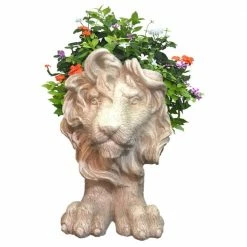 HOMESTYLES 13 in. Antique White Lion Muggly Mascot Animal Statue Planter Holds a 5 in. Pot