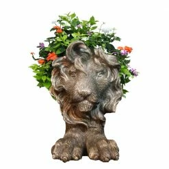 HOMESTYLES 13 in. Graystone Lion Muggly Mascot Animal Statue Planter Holds a 5 in. Pot