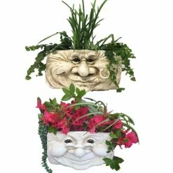 HOMESTYLES 10.5 in. Muggly Grandpa Old Hickory and Grandma Violet Ant. White The Muggly Tree Face Wall Planter