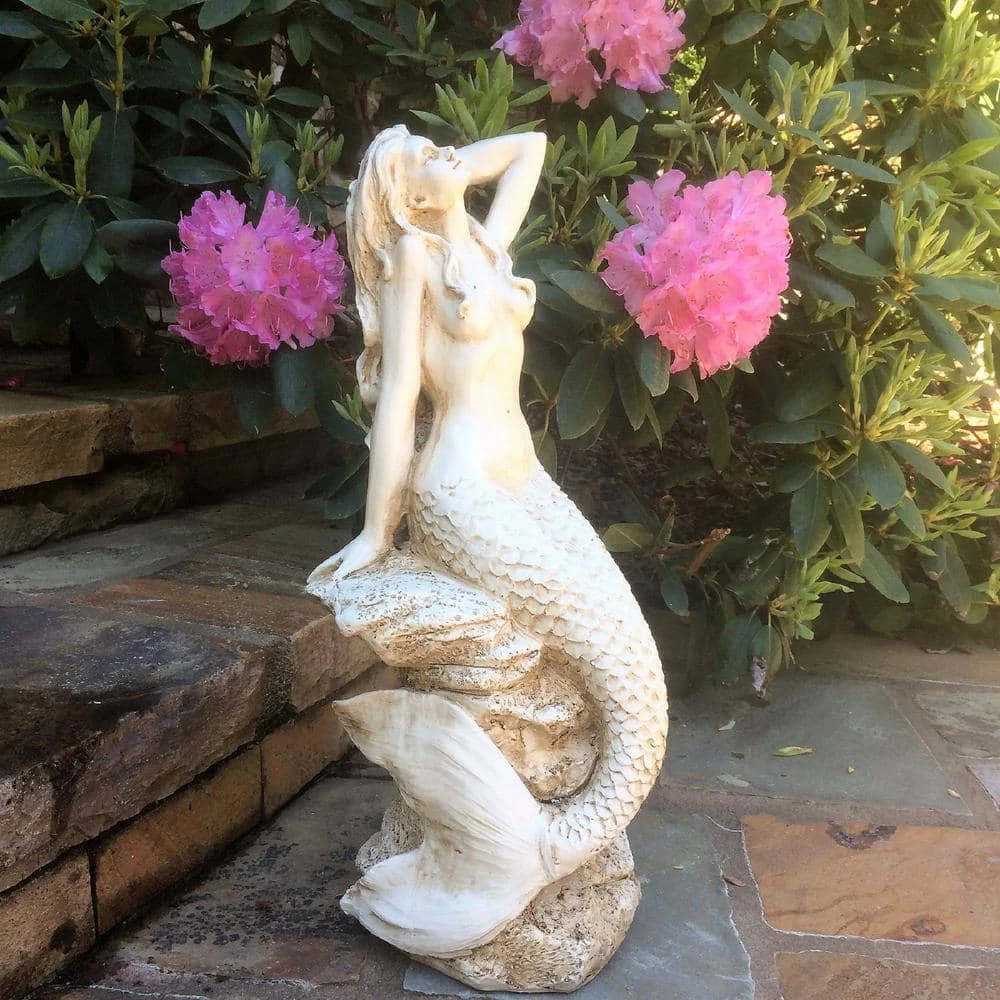 HOMESTYLES 20 in. Antique White Sexy Mermaid Sitting on Coastal Rock Beach Nautical Statue - Image 3