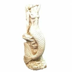HOMESTYLES 20 in. Antique White Sexy Mermaid Sitting on Coastal Rock Beach Nautical Statue