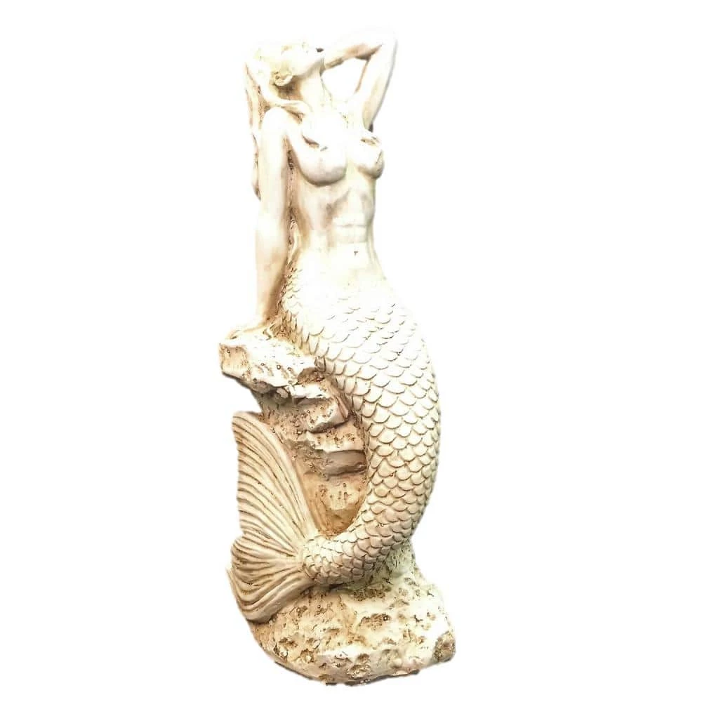 HOMESTYLES 20 in. Antique White Sexy Mermaid Sitting on Coastal Rock Beach Nautical Statue