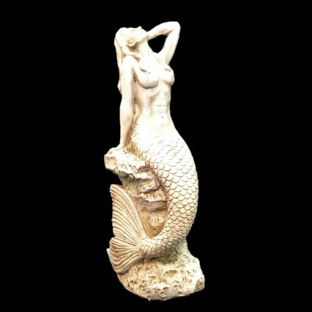 HOMESTYLES 20 in. Antique White Sexy Mermaid Sitting on Coastal Rock Beach Nautical Statue - Image 2